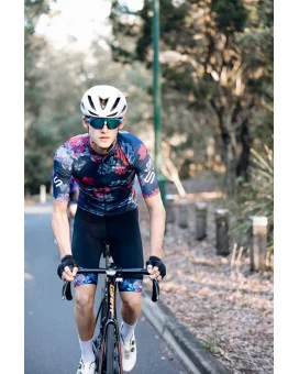 Hana Navy Jersey with subtle floral detail with Black bibs with matching cuffs | Cycling Gear