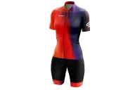 Bright Red through Orange through Purple Cycle Jersey with black bibs and matching cuffs | Cycling Gear