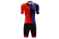 Bright Red through Orange through Purple Cycle Jersey with black cycle bib shorts and matching cuffs | Cycling Gear
