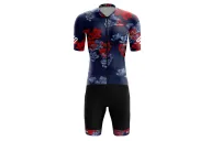 Hana Navy Jersey with subtle floral detail with Black bibs with matching cuffs | Cycling Gear