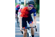 Bright Red through Orange through Purple Cycle Jersey with black bibs and matching cuffs | Cycling Gear