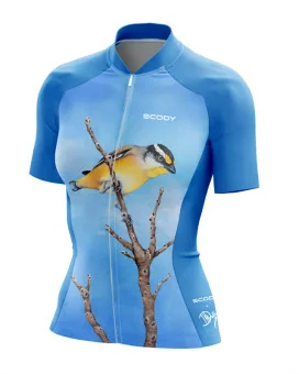 Australian Artist Cycle Jersey featuring a bright Pardalote perched on a branch against the blue Australian sky | Cycling Gear