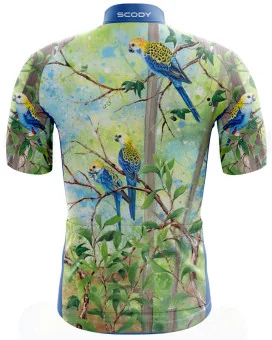Cycle jersey with pale-headed rosellas on a Corky passion vine | Cycling Gear
