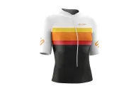 Women's Black with sunrise stripes and white sleeves  Triathlon Top w UPF50+ for sale at Scody Australia. Flexible payment