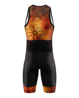 Men's Floral Cluster (Orange) sleeveless triathlon suit for sale at Scody Australia. Flexible payment options| Triathlon Suits