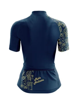 A cycle jersey with a navy body and a subtle leaf motive on the sleeve | Cycling Jersey