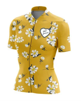 A cycle jersey with a buttercup yellow body with scattered white flowers | Cycling Jersey