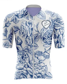 A cycle jersey with blue roses in outline on a white body | Cycling Jersey | Cycling Jersey