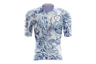A cycle jersey with blue roses in outline on a white body | Cycling Jersey | Cycling Jersey