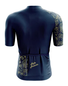 A cycle jersey with a navy body and a subtle leaf motive on the sleeve | Cycling Jersey
