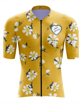 A cycle jersey with a buttercup yellow body with scattered white flowers | Cycling Jersey