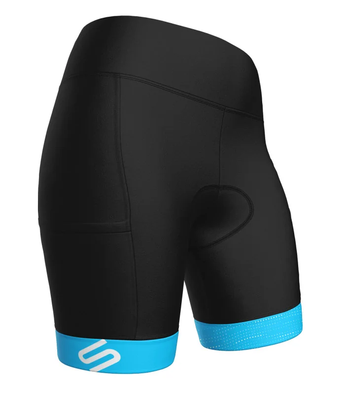 Black Cargo Cycle Shorts, X-Opaque Cuff, Pockets, Staple Cyan - Women