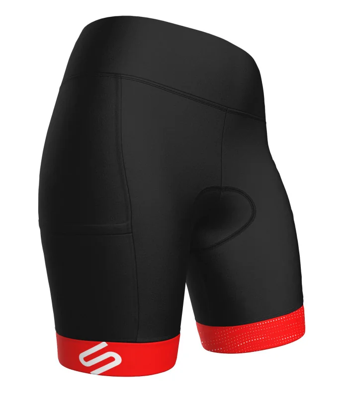 Black Cargo Cycle Shorts, X-Opaque Cuff, Pockets, Staple Red - Women
