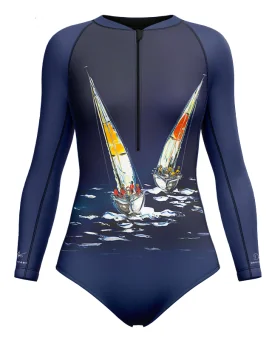 David Hart Sailing Boats Sleeved Swimsuit, UPF50+ | Beach Wear