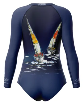 David Hart Sailing Boats Sleeved Swimsuit, UPF50+ | Beach Wear