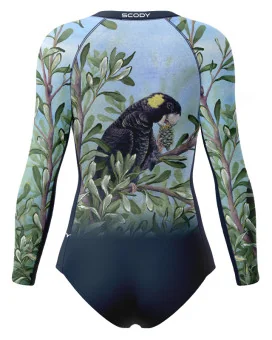 Kristy Ann Duffy Black Cockatoo Sleeved Swimsuit, UPF50+ | Beach Wear