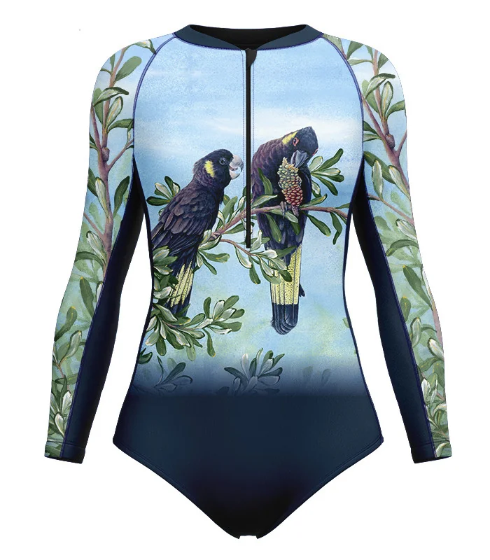 Sleeved Swimsuit, UPF50+ - Black Cockatoo