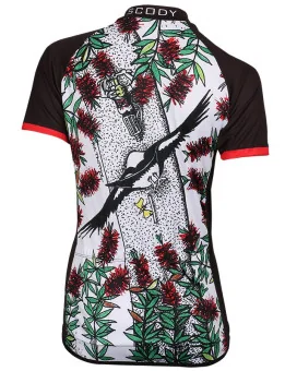 Swooping Magpie cycle jersey with bottlebrush detail and red sleeves